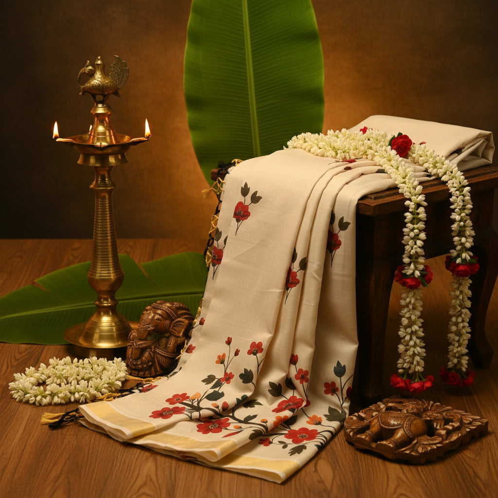 The Crimson Bloom: Kuthampully Tissue Kerala Saree with Flower Motif - Meera's Mini Mavericks