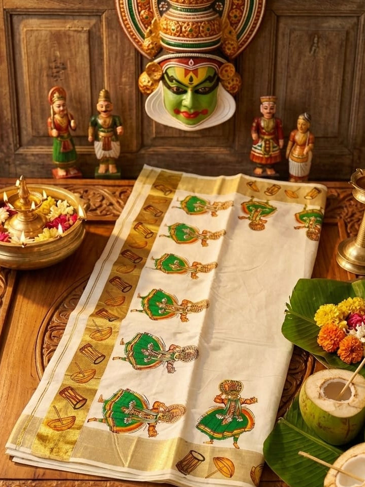 Kuthampully Cotton Kasavu Saree with Kathakali Mural Art - Meera's Mini Mavericks