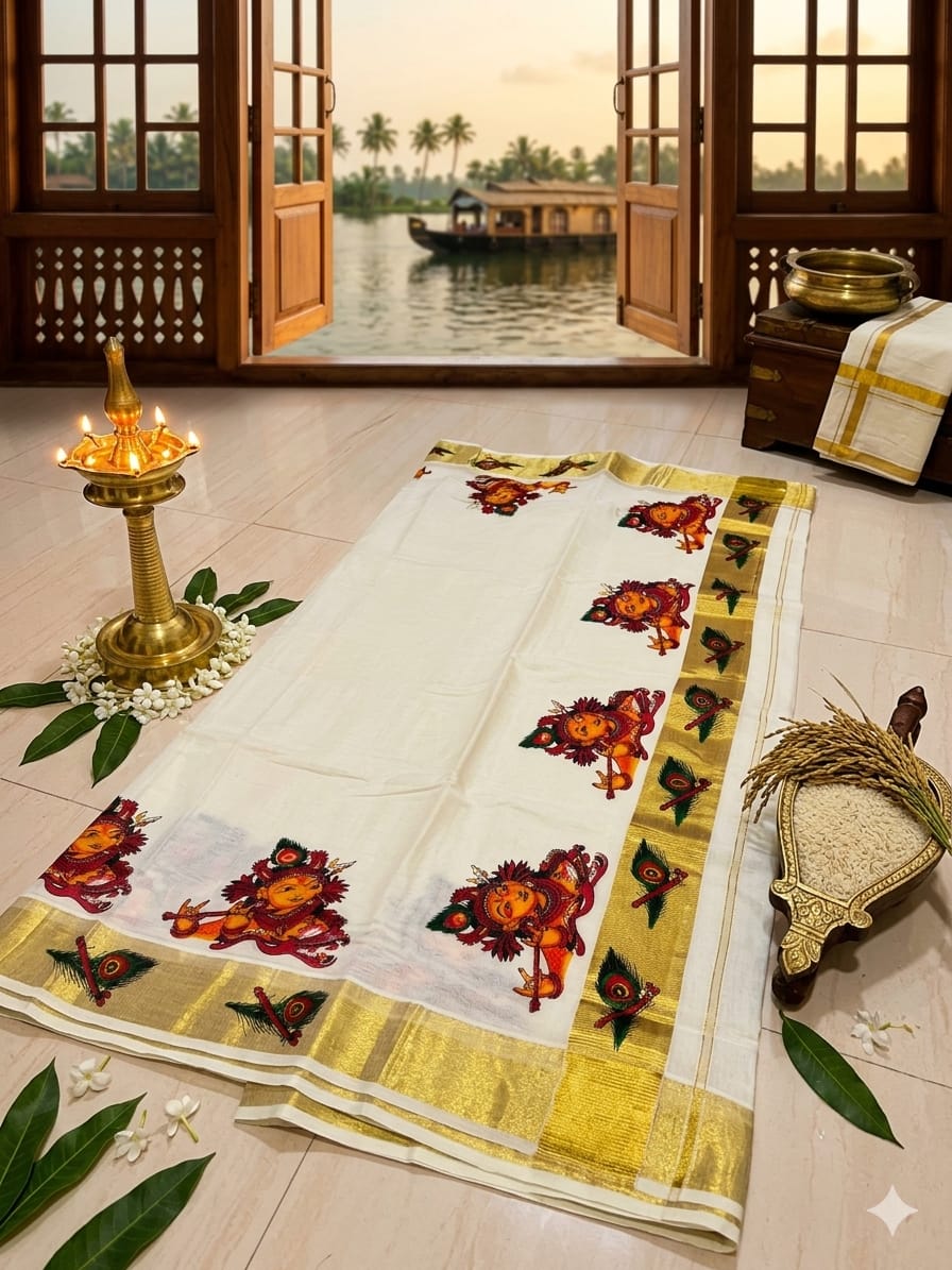 The Heritage Tale: Exquisite Handcrafted Kerala Kasavu Saree with Mural Art - Meera's Mini Mavericks