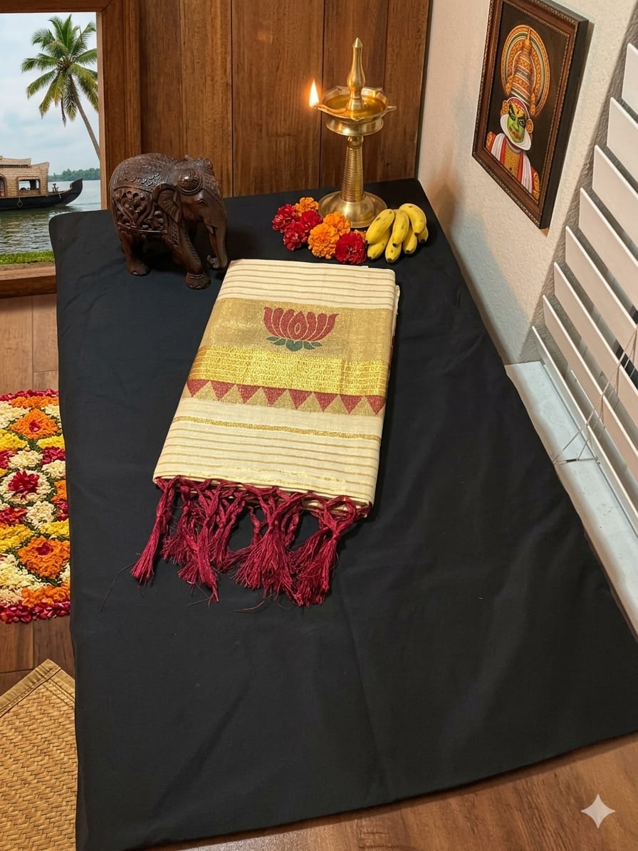 Maroon Lotus: Kerala Tissue Cotton Saree with Lotus Motif - Meera's Mini Mavericks