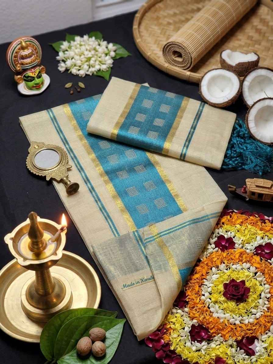 Kuthampully Kasavu Tissue Set Mundu with Teal & Gold Lattice Motifs
