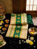 Kuthampully Kasavu Tissue Set Mundu with Emerald Green Floral Motifs