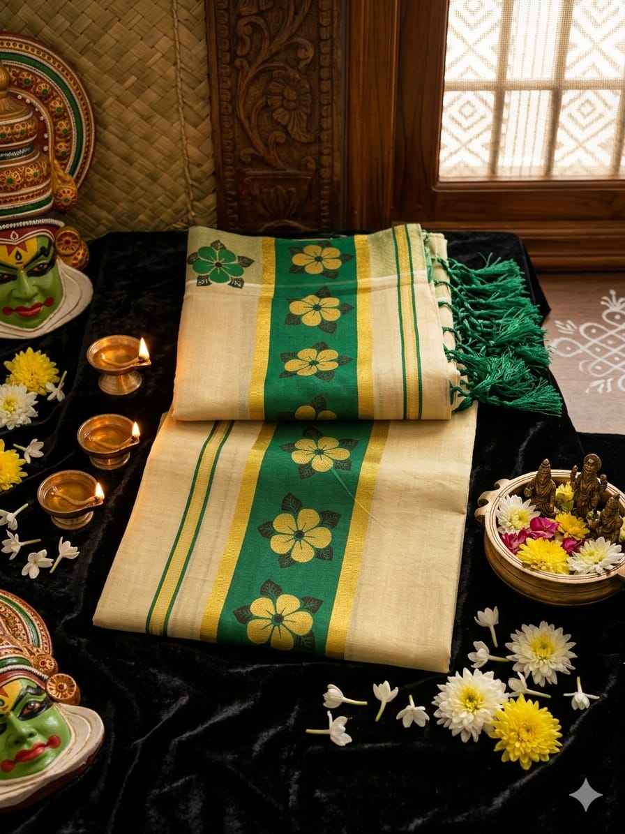 Kuthampully Kasavu Tissue Set Mundu with Emerald Green Floral Motifs