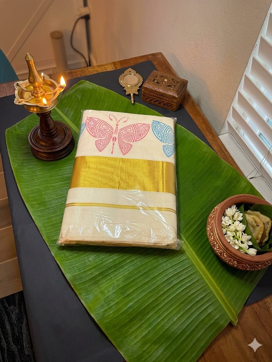The Butterfly Symphony – Kuthampully Kasavu Cotton Saree - Meera's Mini Mavericks