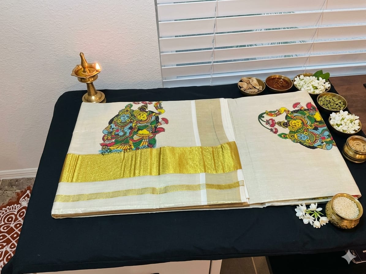 The Divine Union – Kuthampully Golden Tissue Kasavu Saree with Mural Art - Meera's Mini Mavericks