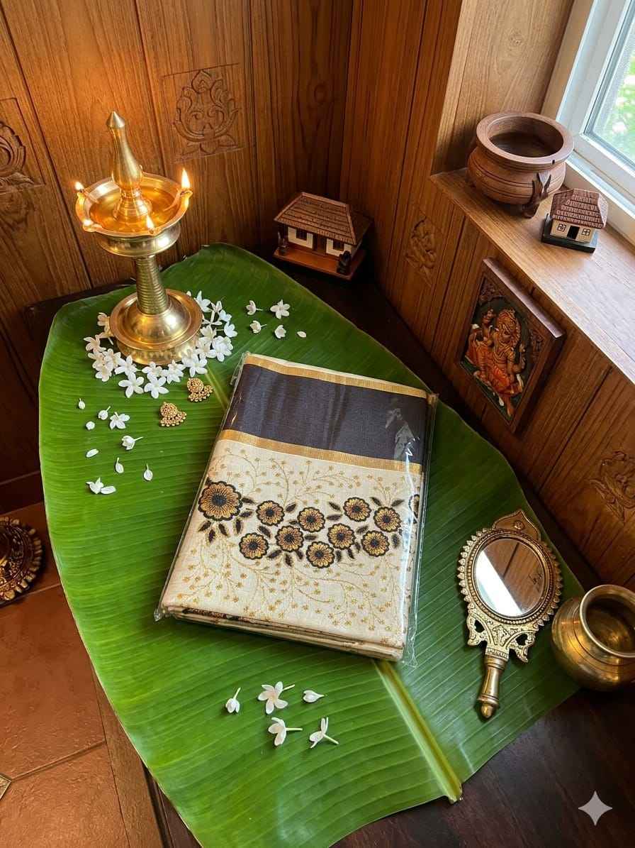 The Pushpanjali – Floral Embroidery Tissue Cotton Kasavu Saree (Black Variant)