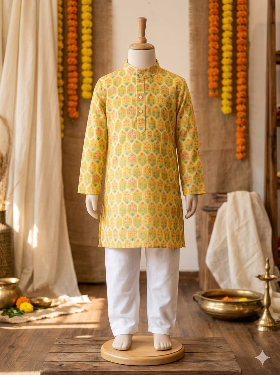 Boys’ Premium Festive Geometric 2-Piece Kurta Pyjama Set