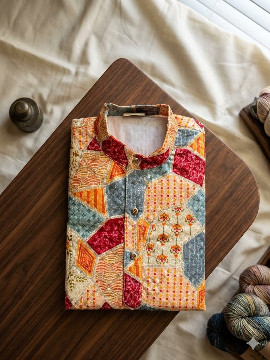 Boys’ Premium Festive Patchwork Geometric 2-Piece Kurta Pyjama Set