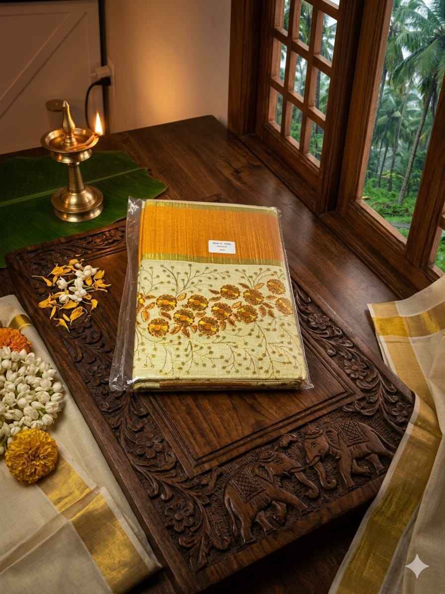 The Pushpanjali – Floral Embroidery Kasavu Tissue Cotton Saree (Mustard Gold Variant)