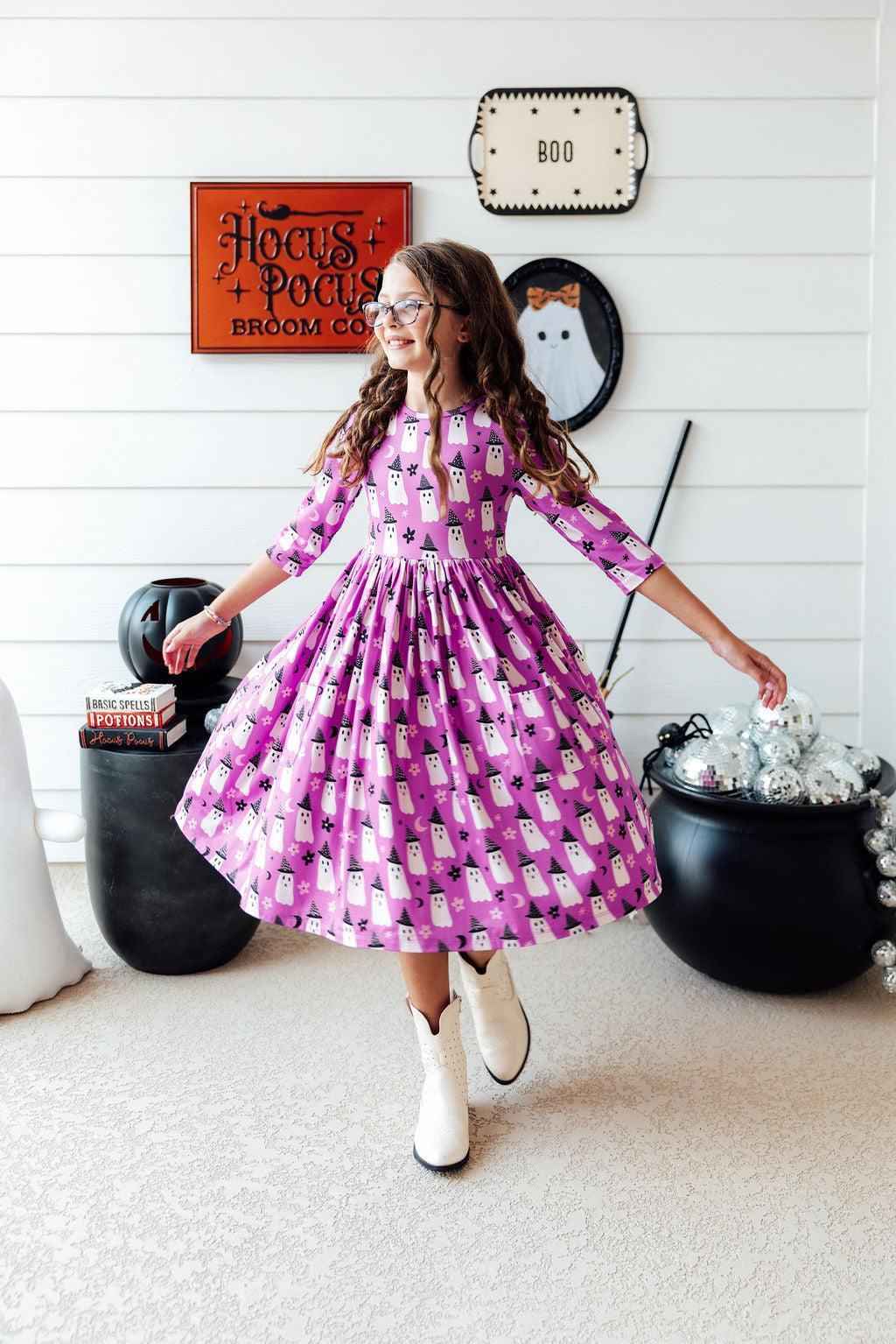 Witches Boo 3/4 Sleeve Pocket Twirl Dress - Meera's Mini Mavericks