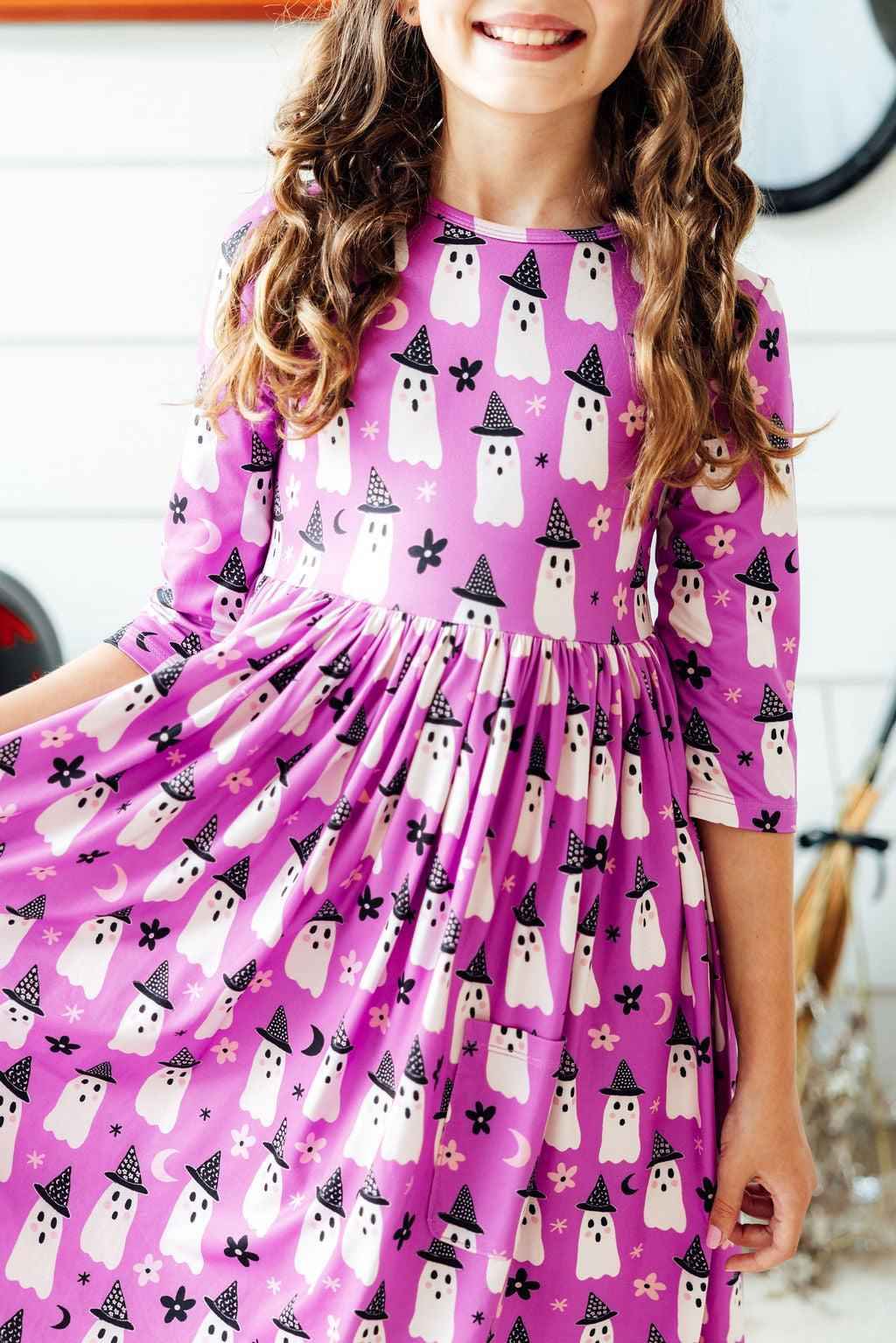 Witches Boo 3/4 Sleeve Pocket Twirl Dress - Meera's Mini Mavericks