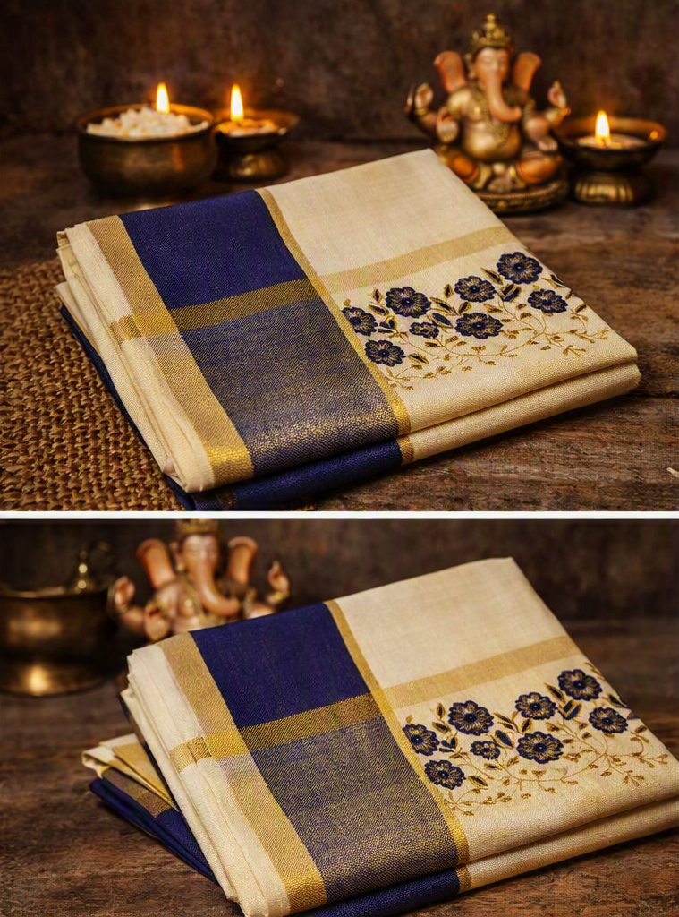 Kuthampully Embroidered Tissue Kasavu Saree – Royal Blue/ Navy Blue  Floral Edition - Meera's Mini Mavericks