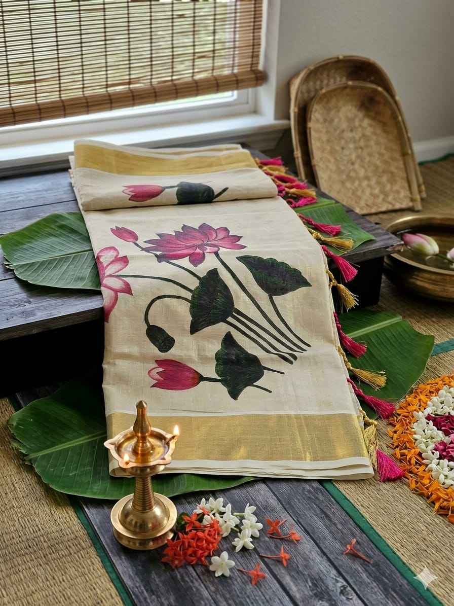 Kuthampully Kasavu Tissue Saree with Hand-Painted Maroon Lotus Blooms