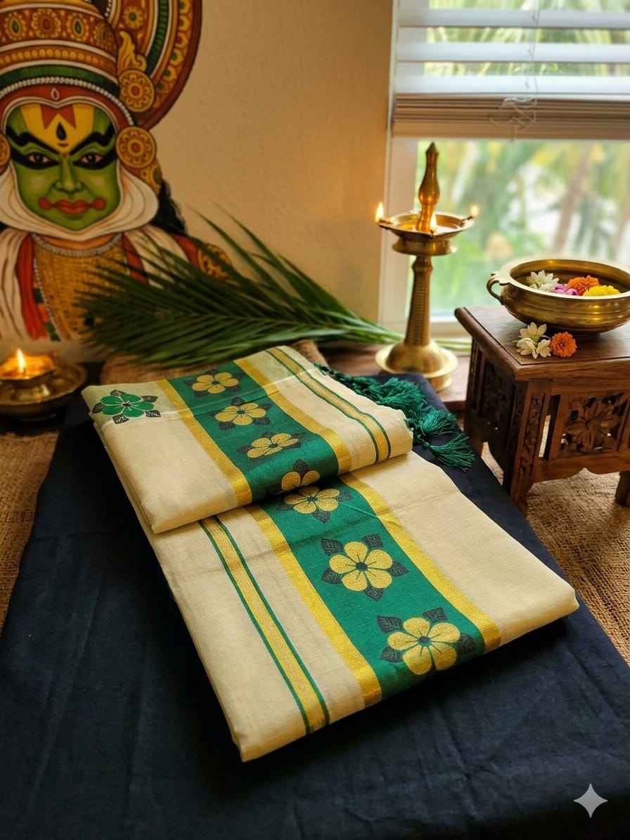 Kuthampully Kasavu Tissue Set Mundu with Emerald Green Floral Motifs