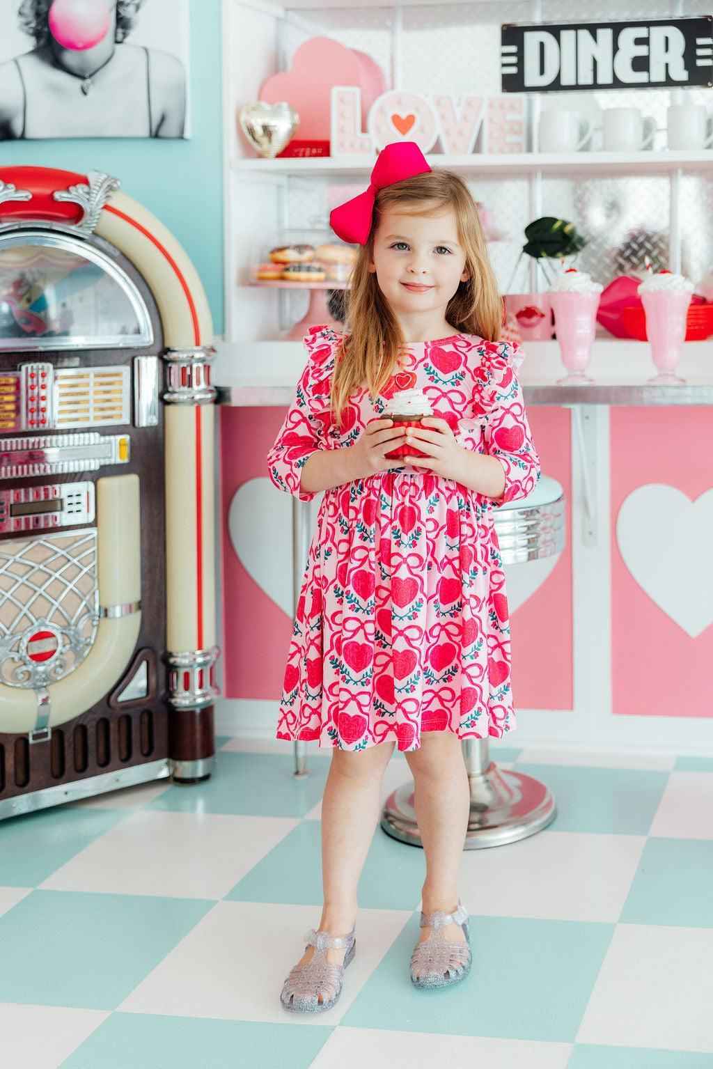 Fluttering Hearts 3/4 Sleeve Ruffle Twirl Dress - Meera's Mini Mavericks