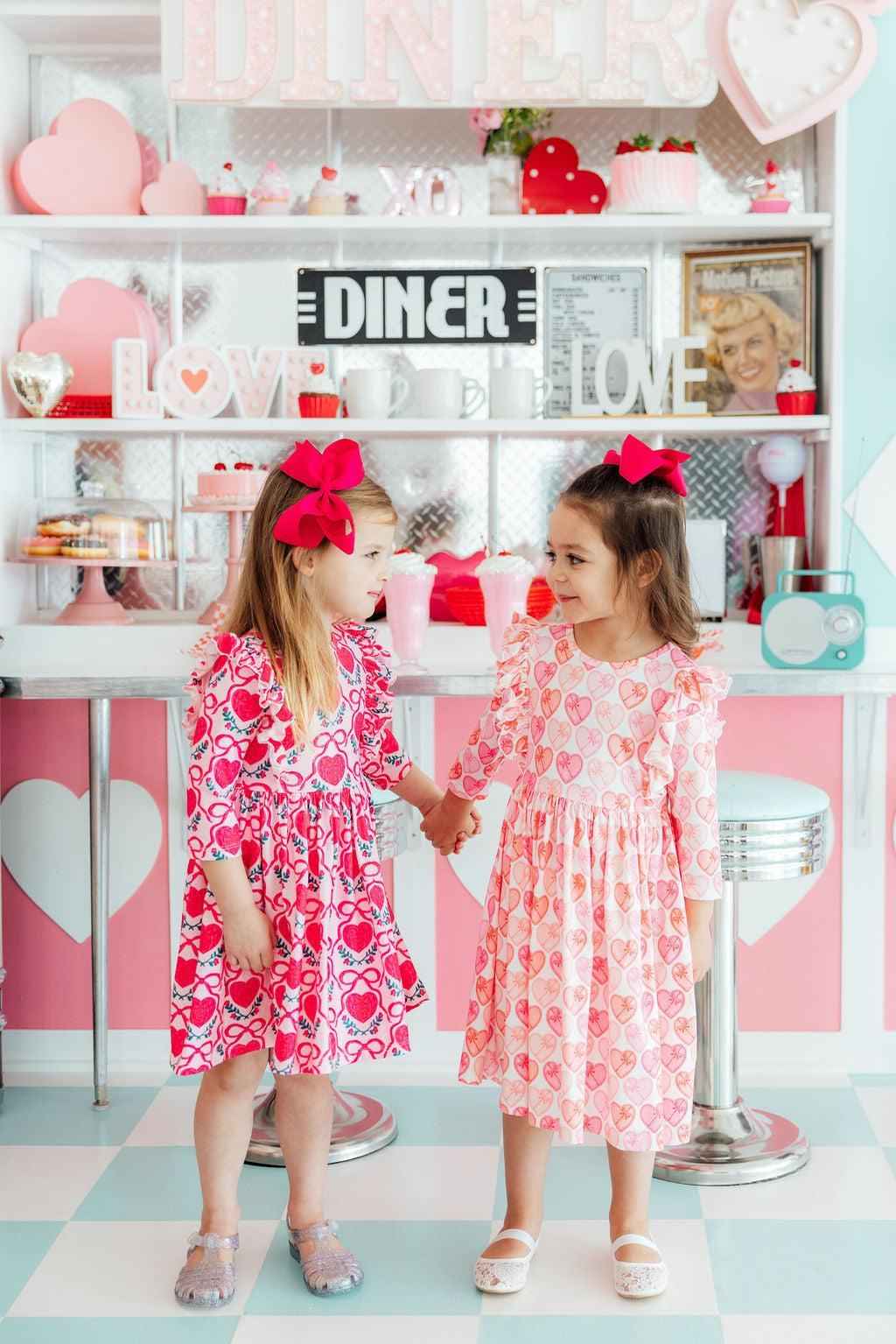 Fluttering Hearts 3/4 Sleeve Ruffle Twirl Dress - Meera's Mini Mavericks