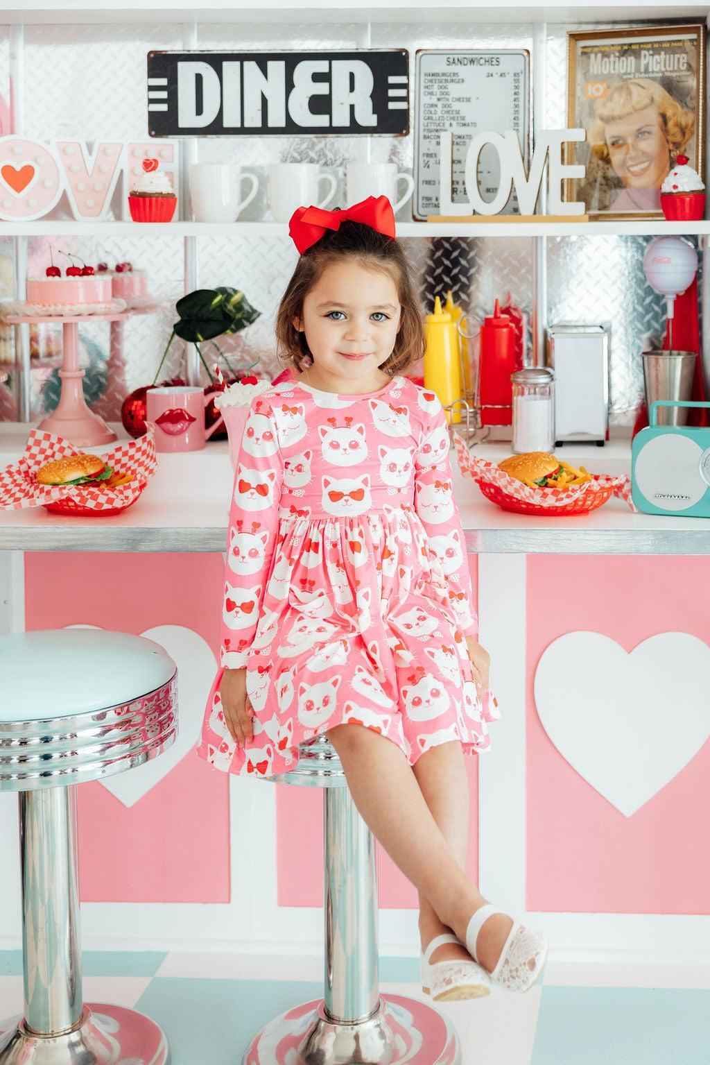 Cutie Cat L/S Pocket Twirl Dress - Meera's Mini Mavericks