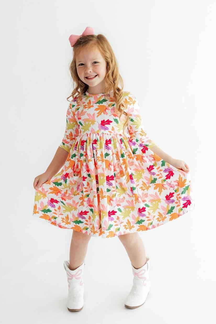Falling Leaves 3/4 Sleeve Pocket Twirl Dress - Meera's Mini Mavericks