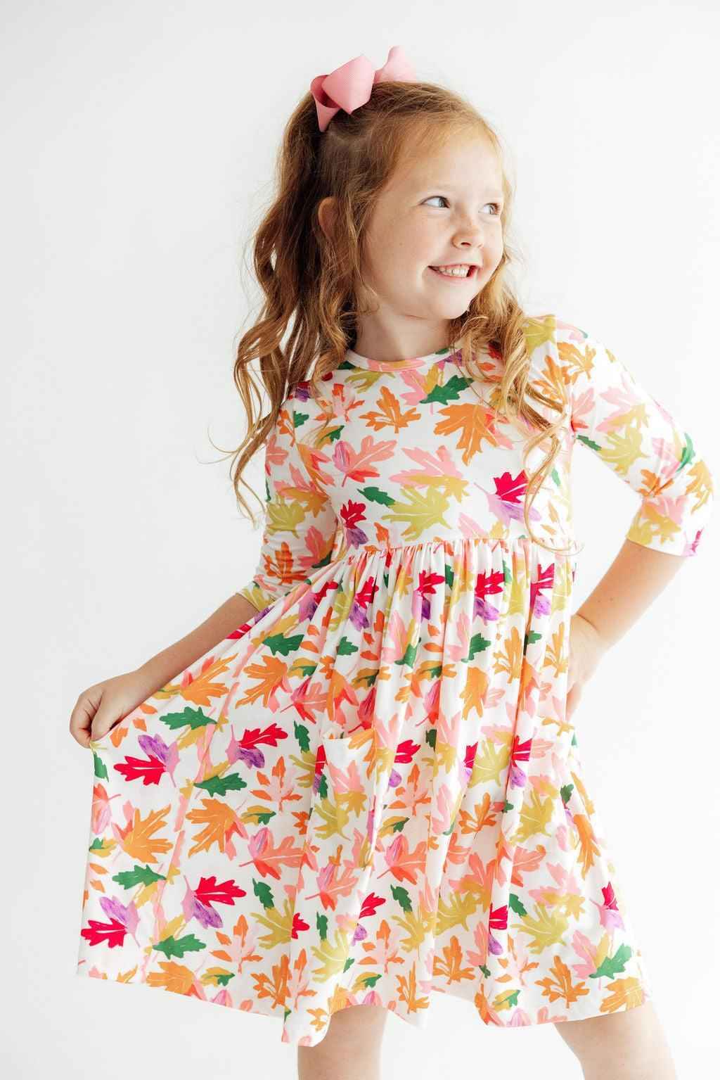 Falling Leaves 3/4 Sleeve Pocket Twirl Dress - Meera's Mini Mavericks