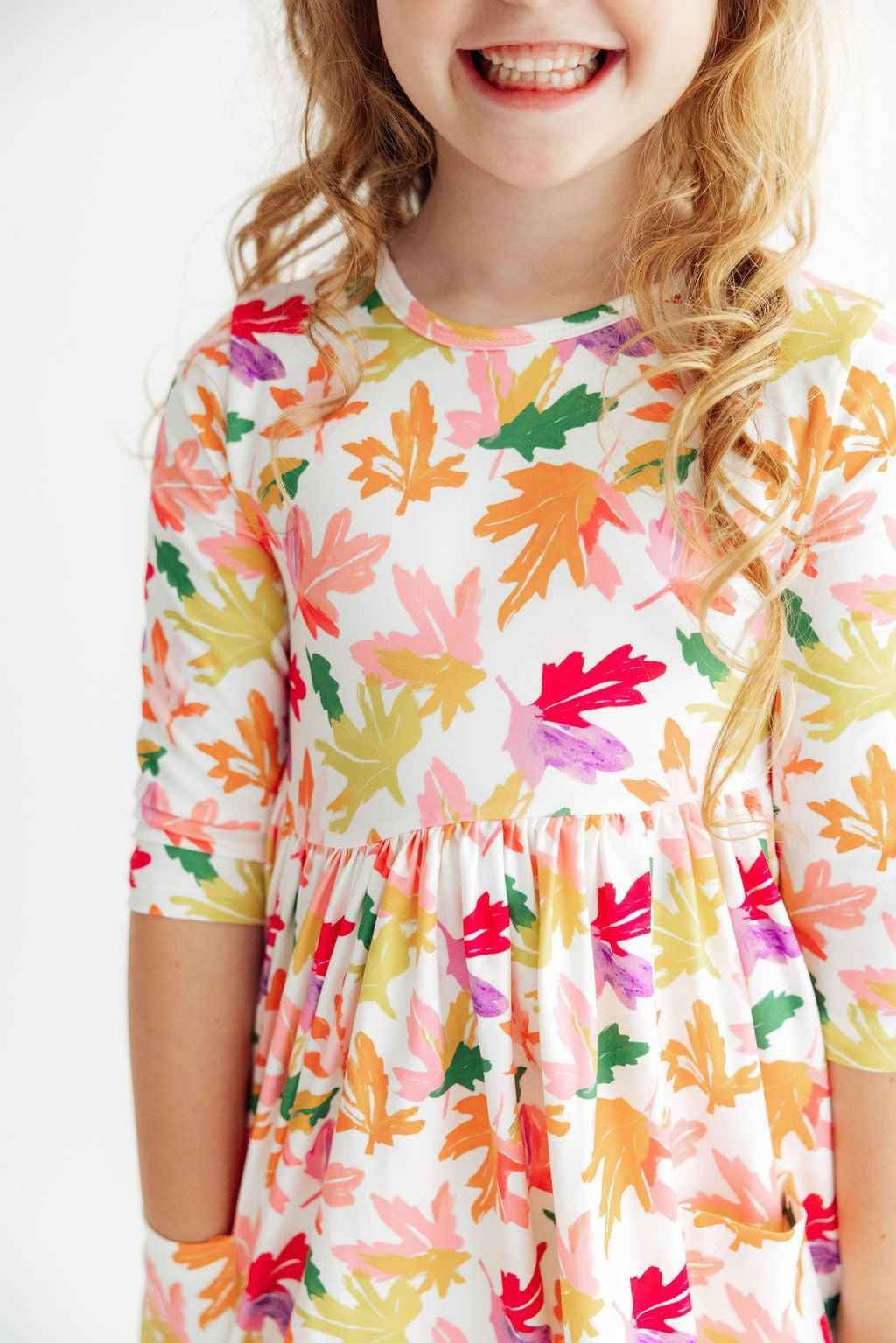 Falling Leaves 3/4 Sleeve Pocket Twirl Dress - Meera's Mini Mavericks