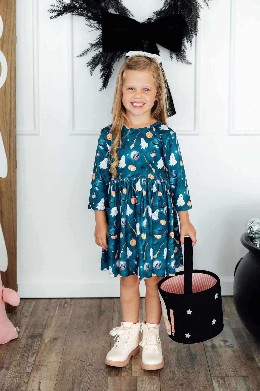 Happy Haunting 3/4 Sleeve Pocket Twirl Dress - Meera's Mini Mavericks