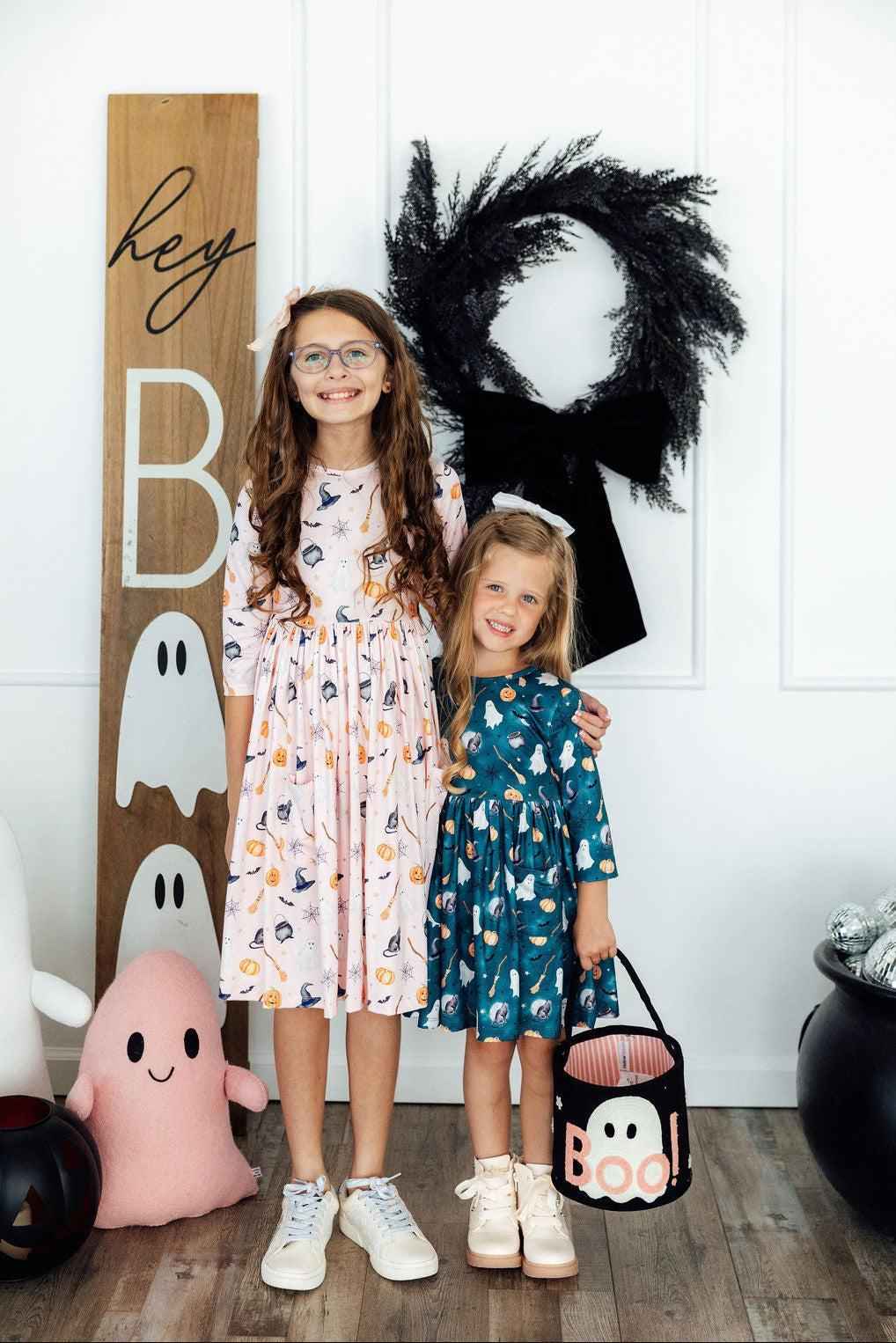 Happy Haunting 3/4 Sleeve Pocket Twirl Dress - Meera's Mini Mavericks