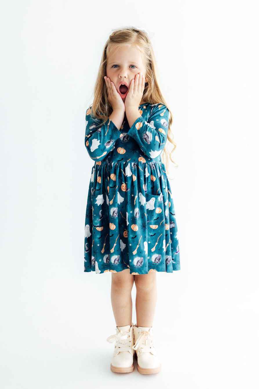Happy Haunting 3/4 Sleeve Pocket Twirl Dress - Meera's Mini Mavericks