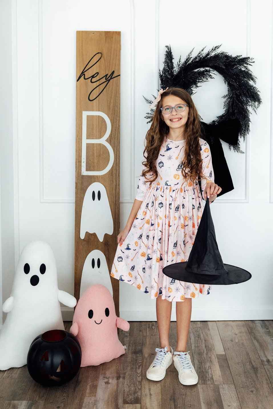 Hey Boo 3/4 Sleeve Pocket Twirl Dress - Meera's Mini Mavericks