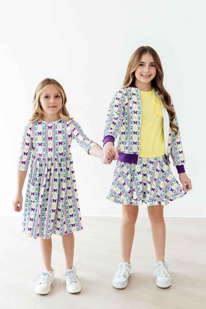 Mardi Gras 3/4 Sleeve Pocket Twirl Dress - Meera's Mini Mavericks