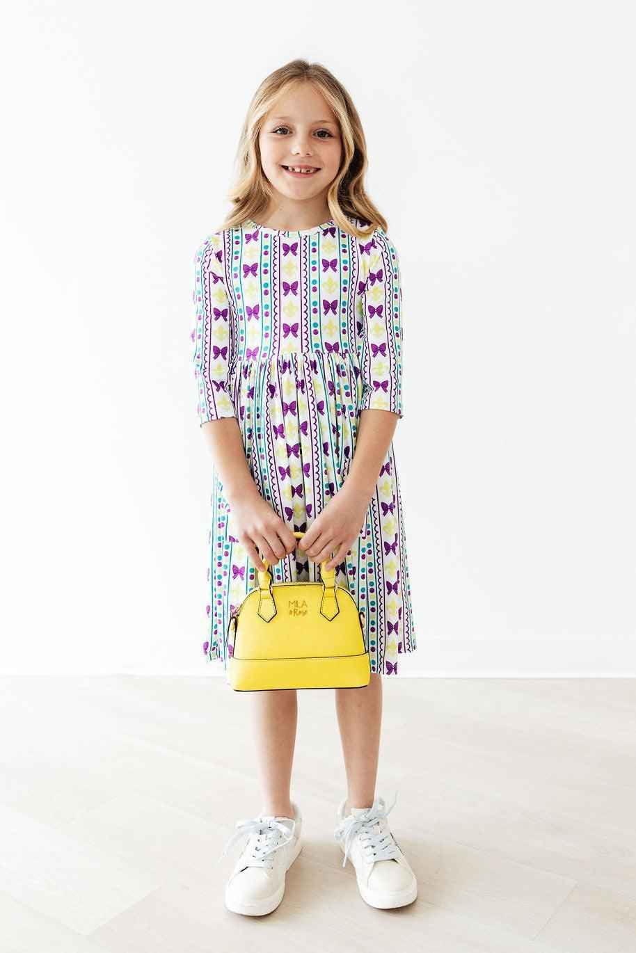 Mardi Gras 3/4 Sleeve Pocket Twirl Dress - Meera's Mini Mavericks