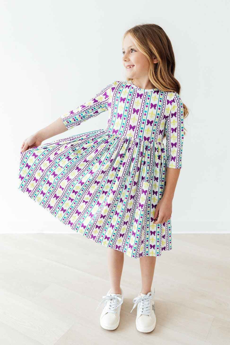 Mardi Gras 3/4 Sleeve Pocket Twirl Dress - Meera's Mini Mavericks