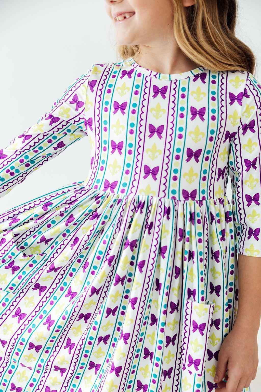 Mardi Gras 3/4 Sleeve Pocket Twirl Dress - Meera's Mini Mavericks