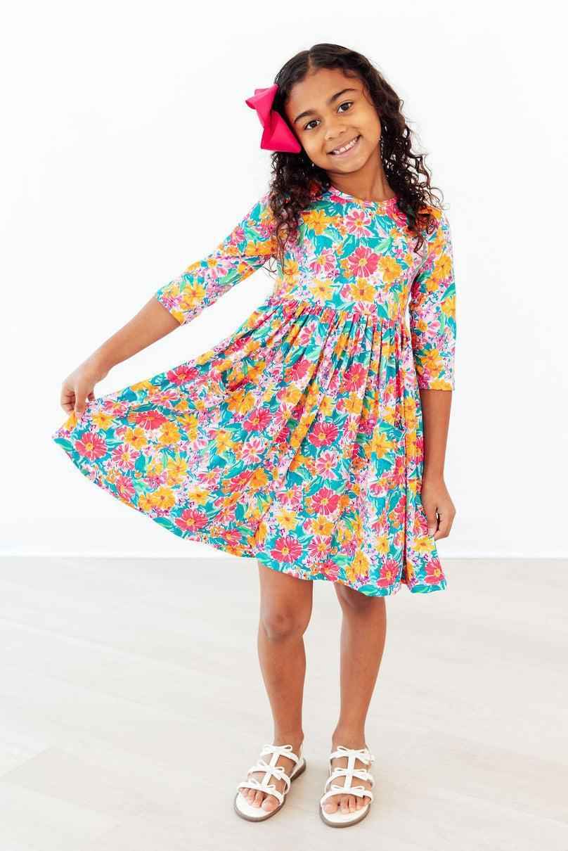 Floral Fiesta 3/4 Sleeve Pocket Twirl Dress - Meera's Mini Mavericks