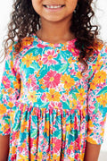 Floral Fiesta 3/4 Sleeve Pocket Twirl Dress - Meera's Mini Mavericks