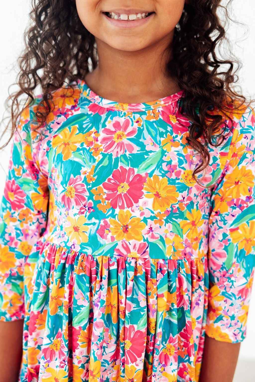Floral Fiesta 3/4 Sleeve Pocket Twirl Dress - Meera's Mini Mavericks