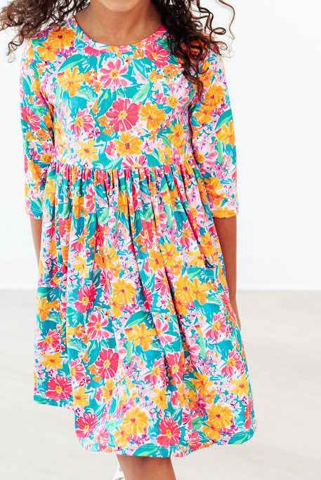 Floral Fiesta 3/4 Sleeve Pocket Twirl Dress - Meera's Mini Mavericks