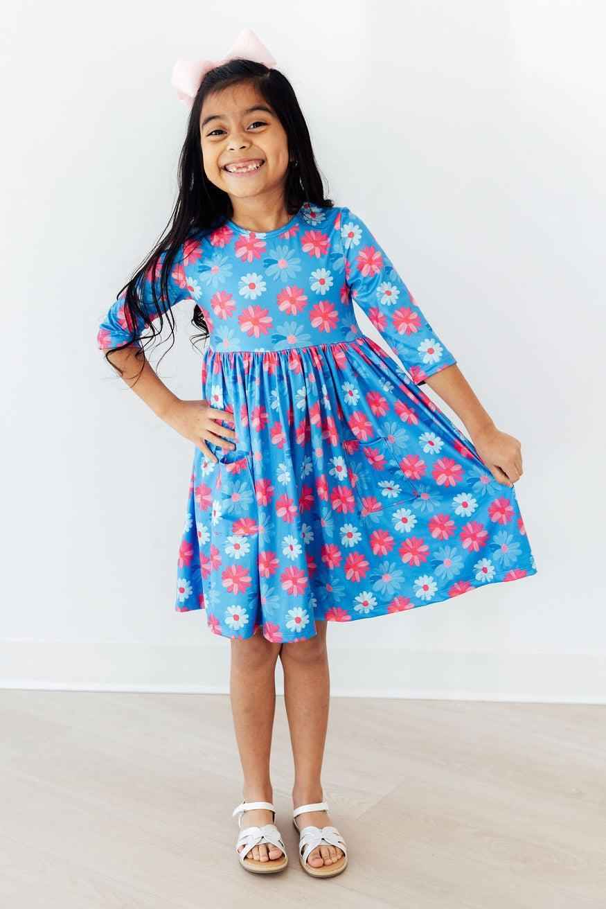 Cotton Candy Daisy 3/4 Sleeve Pocket Twirl Dress - Meera's Mini Mavericks