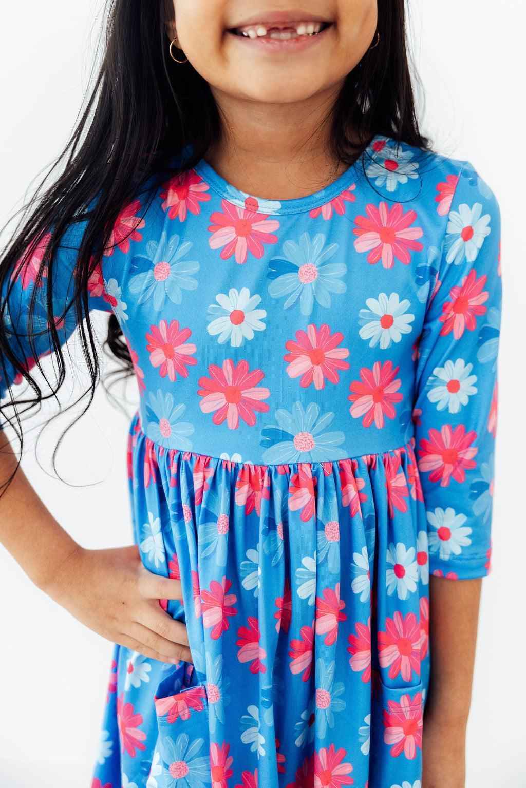 Cotton Candy Daisy 3/4 Sleeve Pocket Twirl Dress - Meera's Mini Mavericks