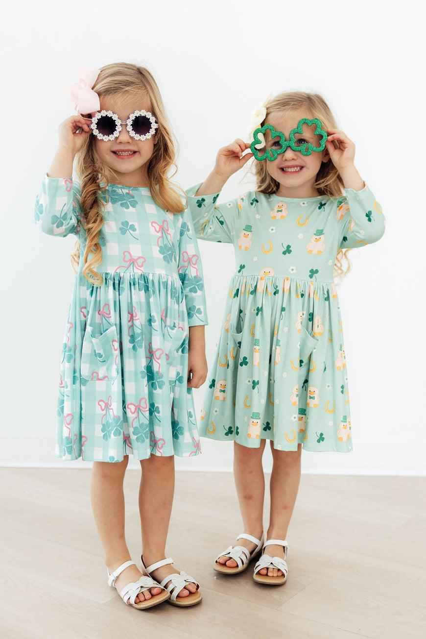 Lucky Duck 3/4 Sleeve Pocket Twirl Dress