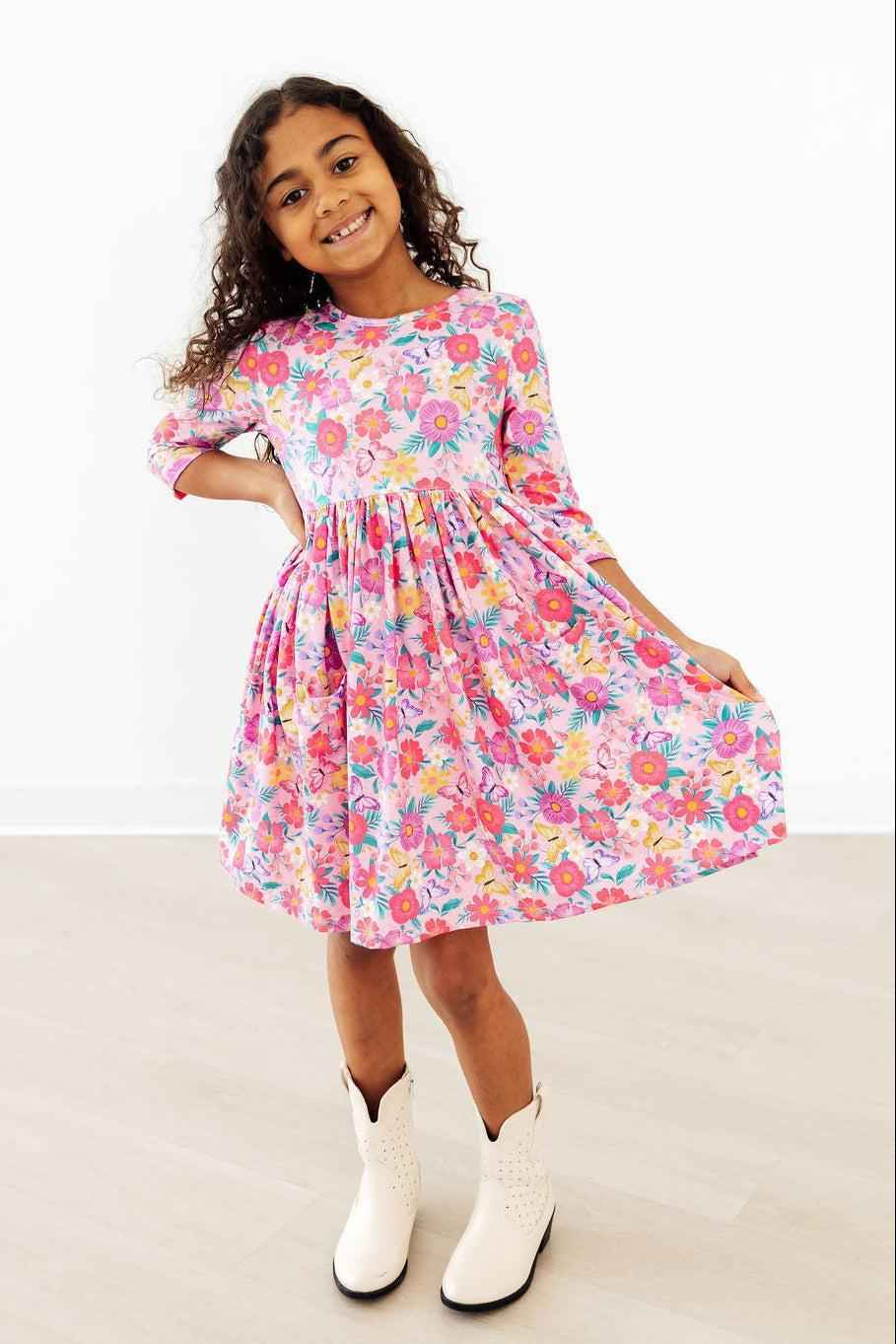 Fluttering Garden 3/4 Sleeve Pocket Twirl Dress - Meera's Mini Mavericks