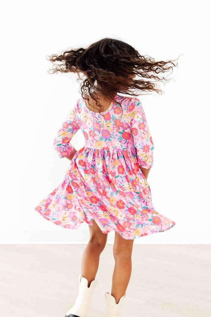Fluttering Garden 3/4 Sleeve Pocket Twirl Dress - Meera's Mini Mavericks