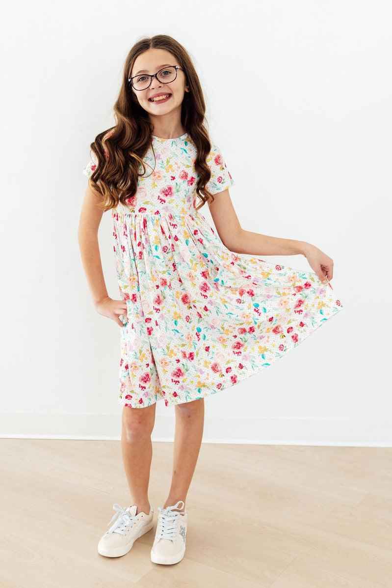 Painted Posies S/S Pocket Twirl Dress - Meera's Mini Mavericks