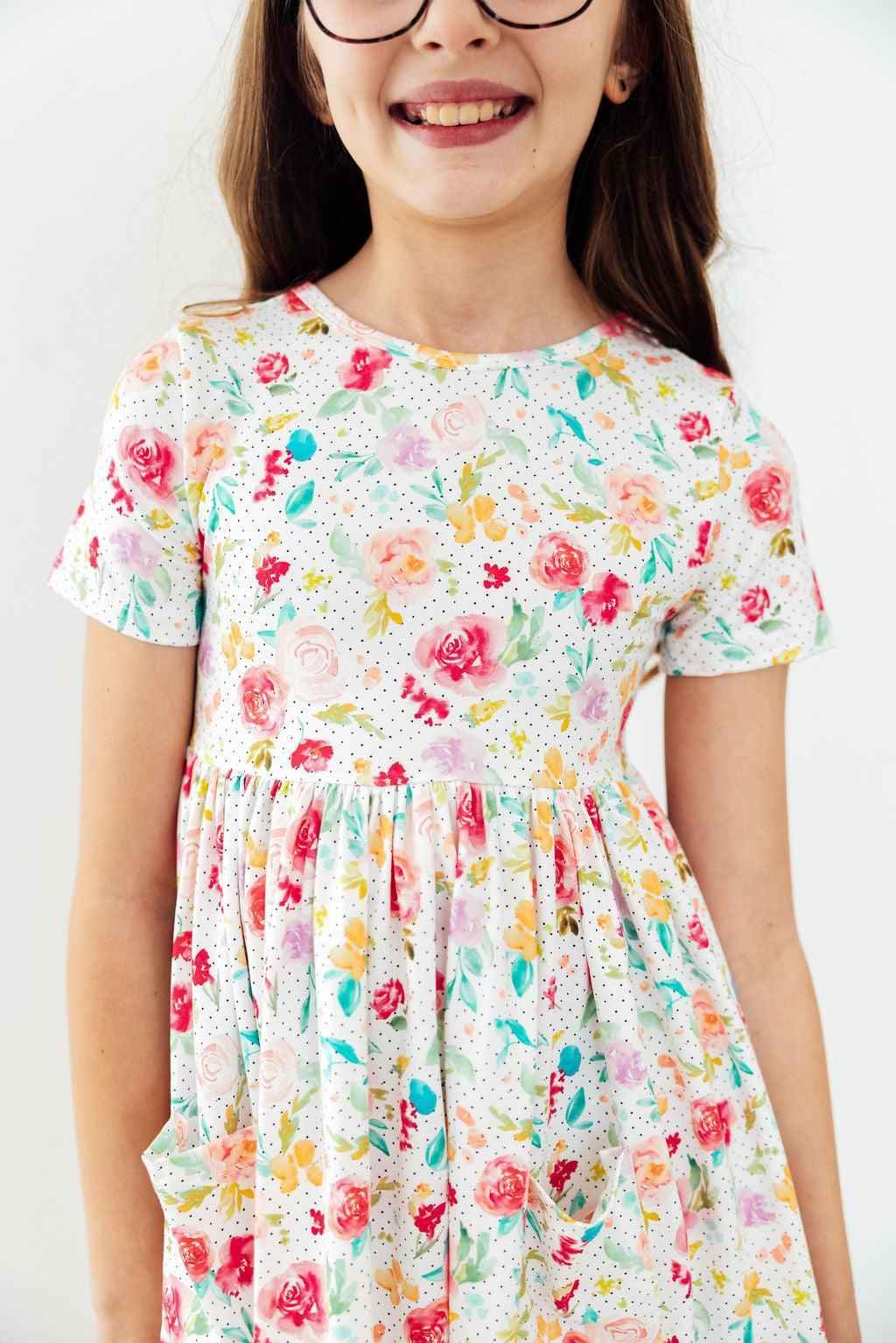 Painted Posies S/S Pocket Twirl Dress - Meera's Mini Mavericks