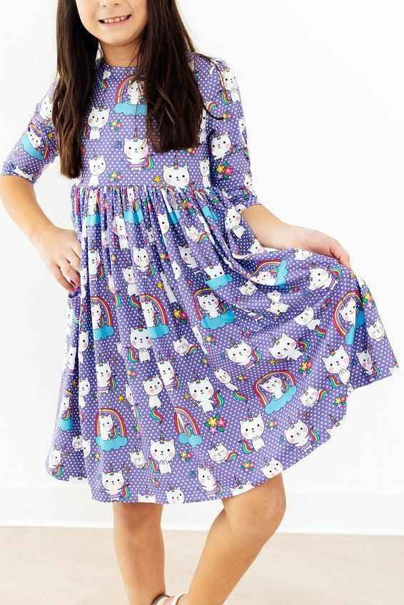 Kitties in the Clouds 3/4 Sleeve Pocket Twirl Dress - Meera's Mini Mavericks