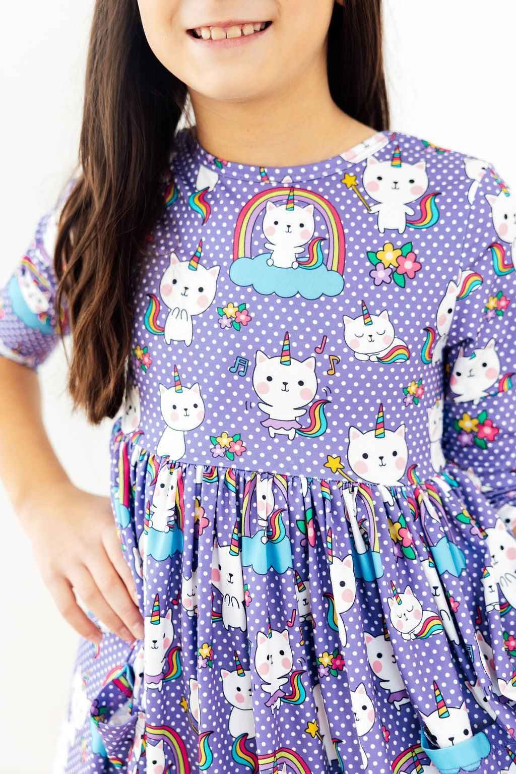 Kitties in the Clouds 3/4 Sleeve Pocket Twirl Dress - Meera's Mini Mavericks